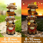 Glintoper Solar Garden Highland Cow Statue, 12" Outdoor Spring Decoration Lighted Triple Stacked Resin Cow Whimsical Yard Art, Birthday Mothers Day Ideal Gifts, for Summer Porch Pathway Patio Lawn