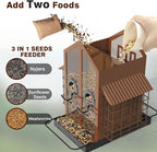FlowaFoli Bird Feeders for Outdoors, Metal Bird Feeder with Double Suet Cage Weatherproof Metal Roof, 2 in 1 Mixed Seeds Suet Feeder, 4Lbs Large Capacity, Great for Finch、Cardinal、Chickadee（Brown）