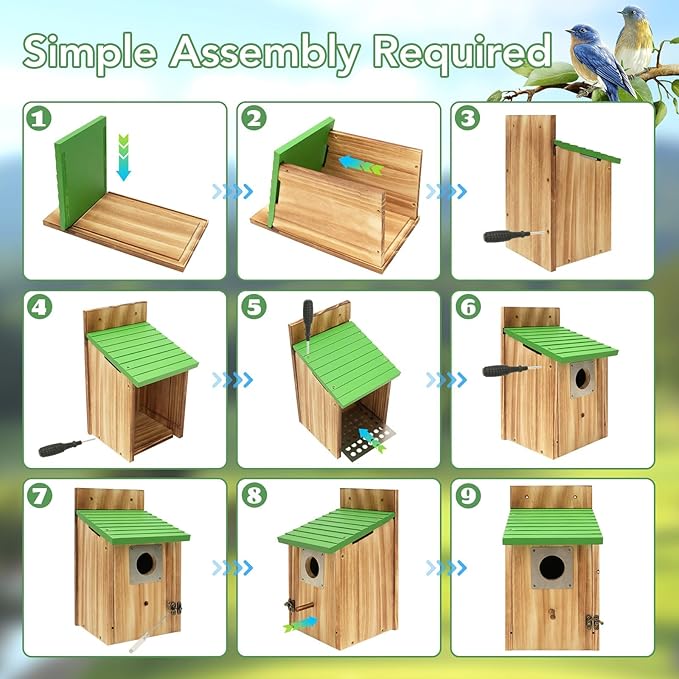 4 Pack Bird Houses for Outside - Cedar Bluebird Houses with Metal Predator Guard, Birdhouse for Wren Bluebirds Finches Swallows, Carbonized Wooden (Assembly Required)