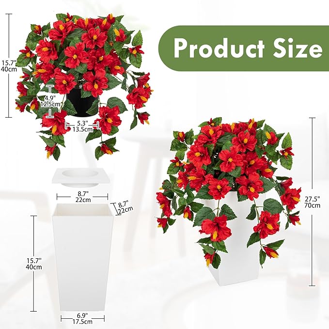 Briful 27.5" Artificial Hibiscus Plant in Tall White Planter, Large Faux Tropical Flower Arrangement for Front Door Porch Patio Balcony Outdoor Indoor Decoration, UV Resistant Fake Red Hibiscus Tree