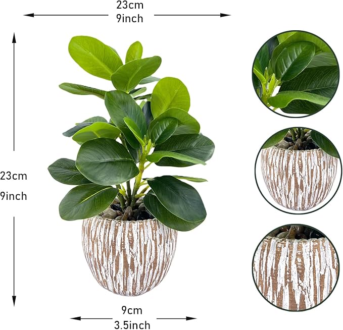 Artificial Potted Plants Life-Like Fake Plant with Farmhouse-Style Cement Planter Feturing Light Wood Tone for Room Bathroom Bedroom Kitchen Office Dese Coffee Table Décor (9inch)