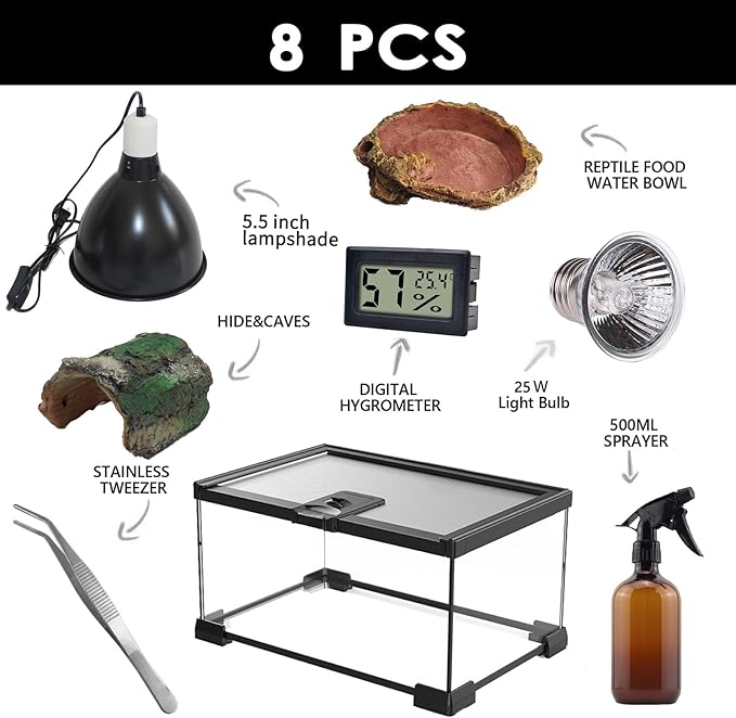 SARUFO Reptile Glass Terrarium Kit(8 Pieces) 12 * 8 * 6 in, Amphibian Tank Starter Kit, Suitable for Small Reptiles Such as Geckos, Snakes, Lizards, Chameleons,Serpents(12 * 8 * 6 inchs)