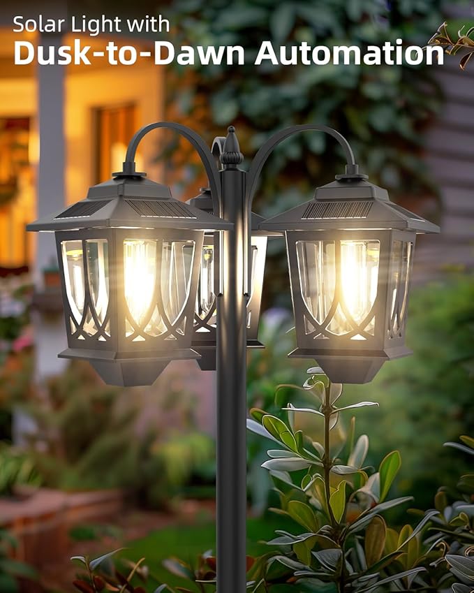 73" Aluminum Solar Lamp Post Light, 3-Head Solar Light Poles for Outside Warm White, 90Lm Dusk to Dawn Waterproof Floor Lamp for Front Yard,Garden, Pathway, Patio Replaceable Bulb