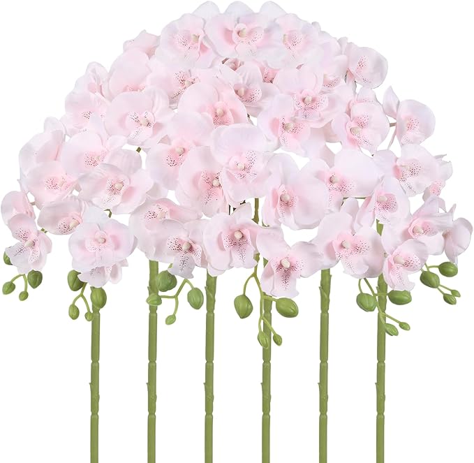 Orchids Artificial Flowers 6PCS Faux Orchid Stems Fake Phalaenopsis Orchid with Stems for Floral Arrangements Home Wedding Dining Table Party Garden Decoration(Light Pink)