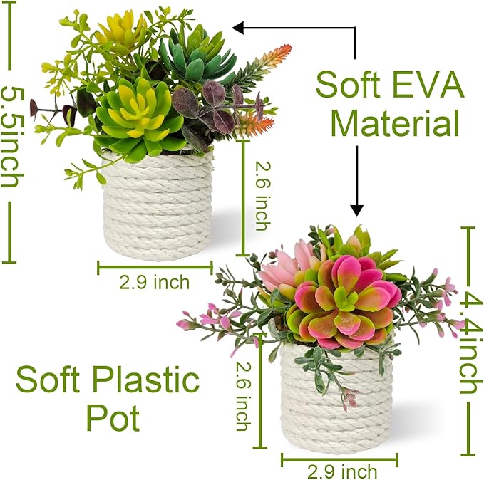 Set of 2 Fake Succulents Plants Artificial Small Succulent Plants Potted for Home Decor Indoor Table Living Room Bedroom Bathroom Shelf Women Office Desk Accessories Decoration (Green)