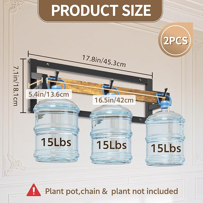 LASZOLA 2 Pcs Plant Hanger Indoor with 6 Heavy Duty Hanging Hooks, Metal and Wood Wall Mounted Plant Hanging Rod, Plant Shelves Holder Bar for Kitchen Window Ceiling (Pot/Chain/Plants not Included)