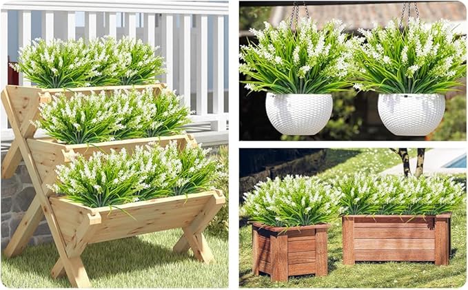obbsie 12 Bundles Artificial Plants Outdoor, 18.2" UV Resistant Faux Monkey Grass Greenery Stems No Fade Faux Plastic Flowers Shrubs for Home Weddings Garden Porch Front Patio Office Decor- White