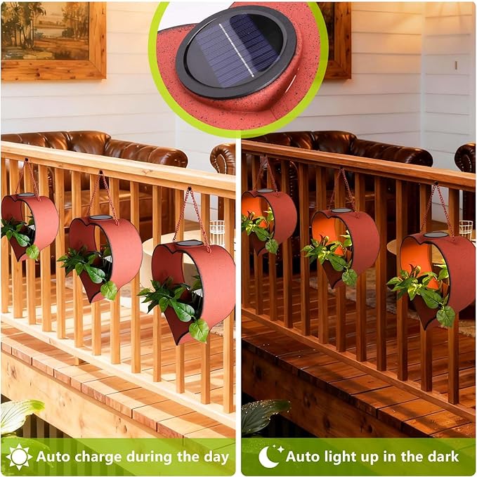 Hanging Planter Outdoor with Auto-On/Off Solar Lights, Metal Heart Shaped Flower Pot for Garden, Patio, Porch, Balcony Decor, Garden Gifts for Women, Mom, Wife, Gardeners (Rust)