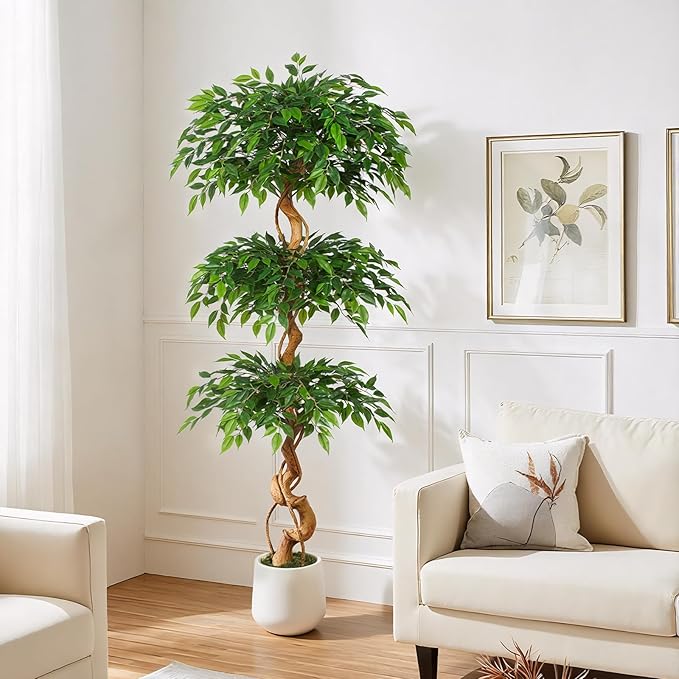 6ft Large Ficus Artificial Trees in White Pot, 72" Tall Fake Silk Tree with Natural Curved Trunk, Lush Faux Ficus Tree for Indoor Home Decor, Living Room, Office & Patio