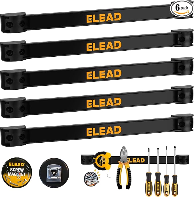 ELEAD 6-Piece 12" Magnetic Tool Holder Storage Organizer - Wall Mount Rack Garage Organization Power Magnet Hanger Workbench Board Slatwall Van Organizers Mounted Hanging Strip