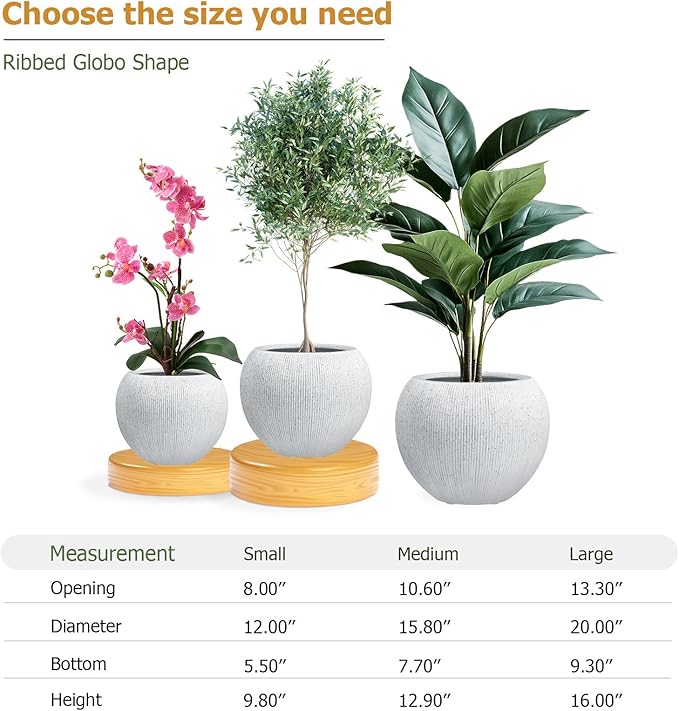 16" H x 20" D Premium Ribbed Globo Fiberstone Round Planter with Drainage Hole, Weather Resistant for Indoor and Outdoor Use, Included 2 Extra Coco Mats (Speckled White, 13.5" Pot Opening)