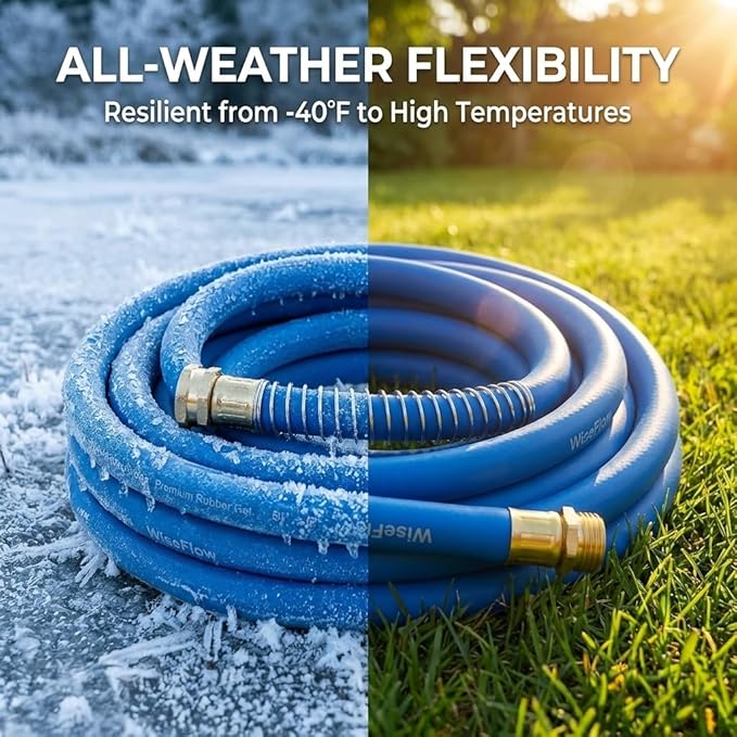 WiseFlow Garden Hose 150FT x 3/4", Heavy Duty Rubber Hose, Water Hose with Five Layered Braiding, Male Female Fittings, 1000PSI Burst, 300PSI Working (Blue)