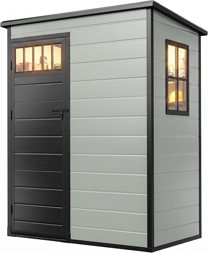 DWVO Outdoor Storage Shed 5x3FT with Fence-Style and Side Windows, Floor & Lockable Doors, Plastic Storage Shed, Storage Shed for Backyard and Garden