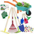 Kids Gardening Set with Wheelbarrow, Real Metal Garden Tools for Kids Ages 3-8, 4 Long Handle Tools, 3 Hand Tool, Gloves, 5 Stickers, Handbook, Outdoor Backyard Toys for Toddler Gift