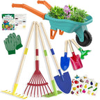 Kids Gardening Set with Wheelbarrow, Real Metal Garden Tools for Kids Ages 3-8, 4 Long Handle Tools, 3 Hand Tool, Gloves, 5 Stickers, Handbook, Outdoor Backyard Toys for Toddler Gift