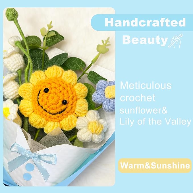 Crochet Flower Bouquet, Handmade Sunflower Lily of the Valley Bouquet,Blue Crocheted Flowers for Graduation Father's Day Birthday Valentine Day Wedding Anniversary Party Gifts,Home Decor