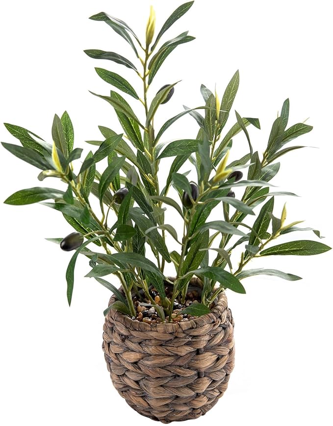 17.7" Small Boho Artificial Olive Plant, Faux Greenery in Brown Handwoven Rattan Basket, Ideal for Office Desk Kitchen Shelf Home Decor