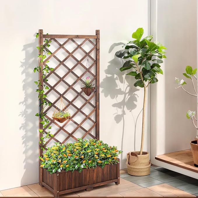 Wood Planter Raised Garden Bed,with Trellis,29.5 x 16.9 x 67'' Outdoor Raised Garden Bed with Drainage Holes, Free-Standing Trellis Planter Box for Vine Climbing Flowers in Garden