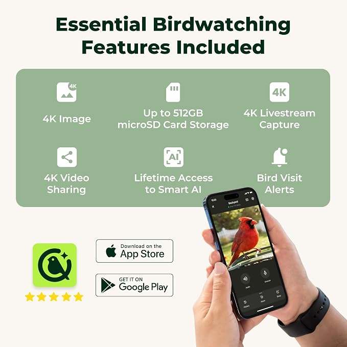 Kiwibit Solar Smart Bird Feeder with Camera No Subscription, AI Bird Species Identification, 4K UHD Live Video & 8MP Photos, Wireless Outdoor Wild Bird Watching Gifts for Bird Lovers, Brown