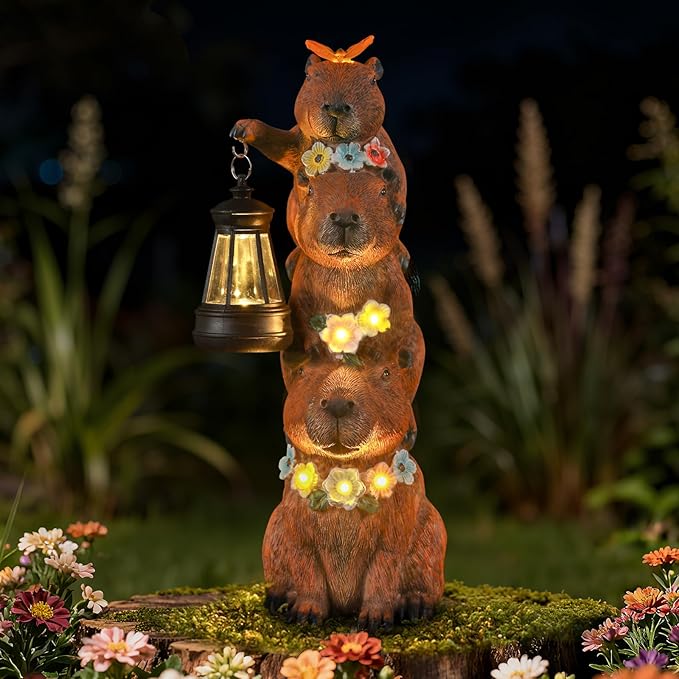 Capybara Solar Garden Statue, Outdoor Capybara Statue with Flower Decoration & Lantern Light, Funny Triple Capybara Decor for Women, Capybara Figurine for Yard Garden Patio Lawn Ornaments