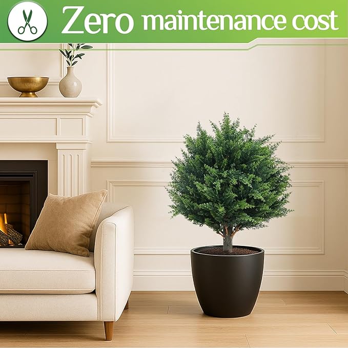 PATIO CHOICE Topiary Trees Artificial Outdoor Cedar Ball Trees with Ground Spike Set of 2 22" Fake Outdoor Plants Faux Bushes and Shrubs Decorations for Outdoor Indoor Front Porch Garden
