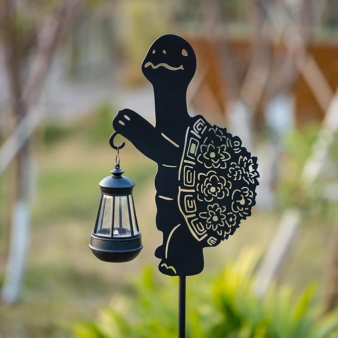 Solar Tortoise Garden Stakes Outdoor Unique Gift Ideas Decor Metal Tortoise Holding Solar Lantern Decorative Outdoor Stakes for Patio, Lawn, Yard and Pathway