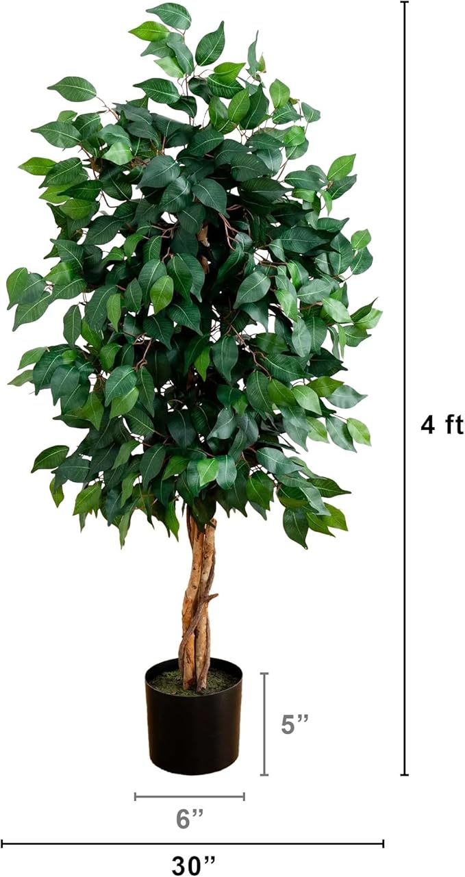 Nearly Natural 4ft Triple Trunk Artificial Ficus Tree With Natural Wood Trunks, Indoor Faux Ficus, Black Nursery Pot, Living Room Home Decor