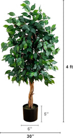 Nearly Natural 4ft Triple Trunk Artificial Ficus Tree With Natural Wood Trunks, Indoor Faux Ficus, Black Nursery Pot, Living Room Home Decor
