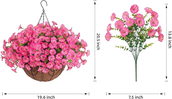 Artificial Faux Hanging Flowers Plants Baskets for Outdoors, Fake Silk Morning Glory Eucalyptus in Planter UV Resistant Realistic Outdoor Flowers for Outside Porch Patio Balcony Garden Yard Home Decor