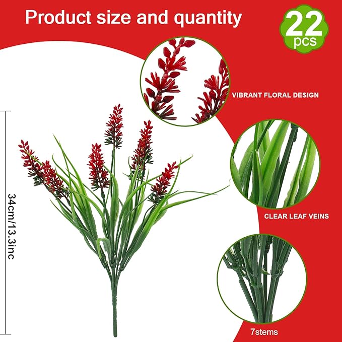 22 Pcs Artificial Outdoor Flowers Fake Outdoor Plants Monkey Grass with Red Flowers for Pot Decor for Window Garden Patio Hanging Planter Pathway Front Porch (22, Red)