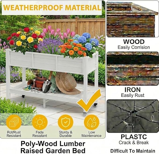 DWVO 47x18x3in Raised Garden Bed HDPE Outdoor with Legs and Lockable Wheels, Weather-Resistant Poly-Wood Elevated Planter Box, Double Tier Planters for Backyard Patio Balcony, White