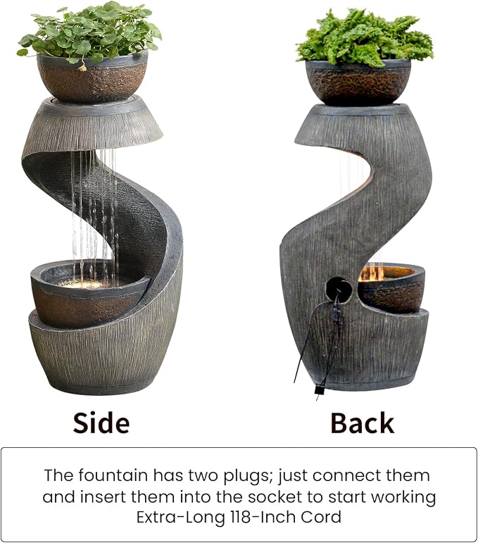 Outdoor Water Feature Patio Fountain with LED Lights, 31.9" Resin Garden Waterfall Fountain Outdoor, Modern S-Shaped Bowl Design Water Feature for Porch, Garden, Yard, Home Decor, Grey
