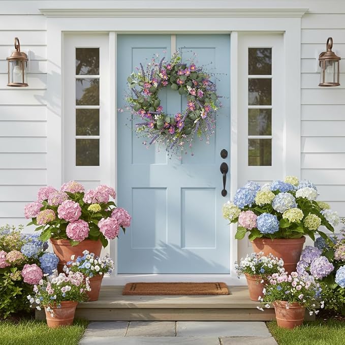 26" Spring Summer Wreaths for Front Door, Artificial Green Eucalyptus Lavender Purple Daisies Wildflower Berries Handmade Floral Year Round Indoor Outdoor Porch Home Decor
