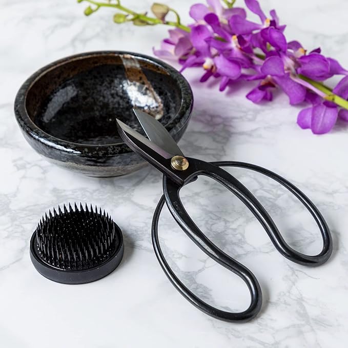 Wazakura Made in Japan Ikebana Floral Arrangement Kit. Koryu Scissors, Black Kenzan, Minoyaki Black Ceramic Flower Vase (Koryu, Black Vase, 2in Black Kenzan)