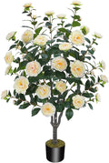 3.6FT Artificial Camellia Fake Tree, Artificial Plants & Flowers with 32 Yellow Pink Flowers for Door Front Decoration Porch Patio Living Room Office Indoor Outdoor Decoration (Contains Faux Moss)