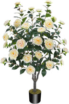 3.6FT Artificial Camellia Fake Tree, Artificial Plants & Flowers with 32 Yellow Pink Flowers for Door Front Decoration Porch Patio Living Room Office Indoor Outdoor Decoration (Contains Faux Moss)