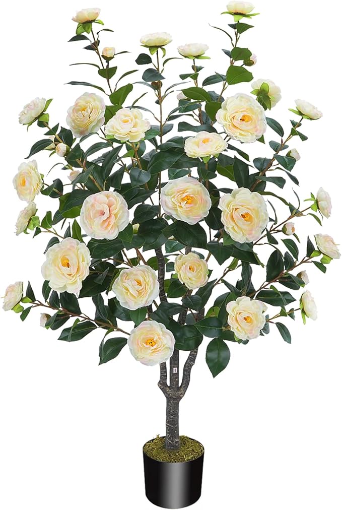 3.6FT Artificial Camellia Fake Tree, Artificial Plants & Flowers with 32 Yellow Pink Flowers for Door Front Decoration Porch Patio Living Room Office Indoor Outdoor Decoration (Contains Faux Moss)
