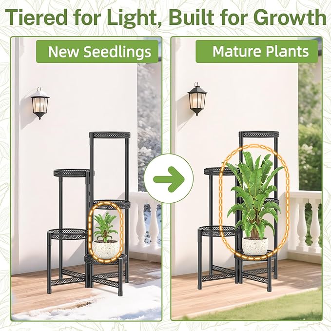 iDavosic.ly Plant Stand Indoor Outdoor, 5 Tier Corner Metal Flower Display Holder Shelf, Folding Tall Orchid Rack for Patio Balcony Porch Garden Living Room House, Wrought Iron - Modern Black