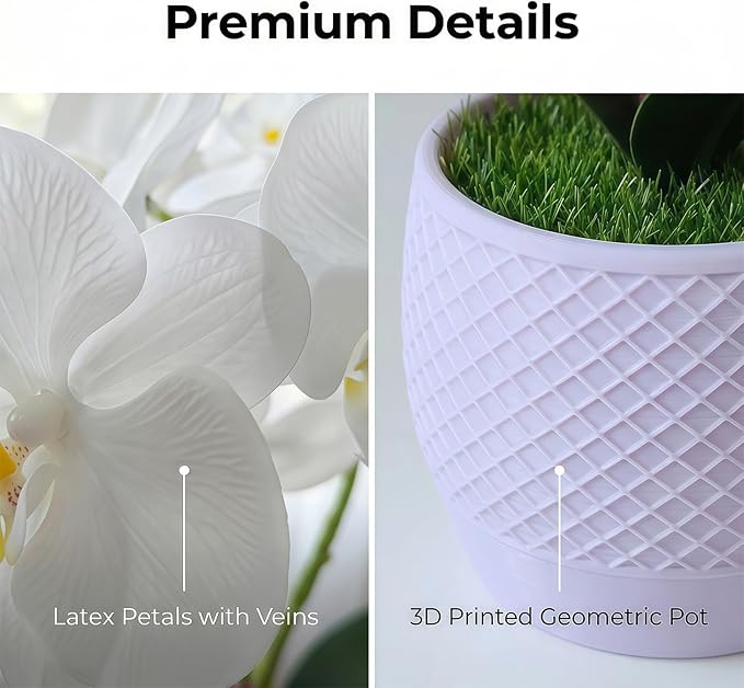 Artificial Orchid with 3D Printed Vase, Lifelike Fake Phalaenopsis Silk Flowers for Home Decor Living Room, Realistic Faux Orchids for Table Centerpiece(White)
