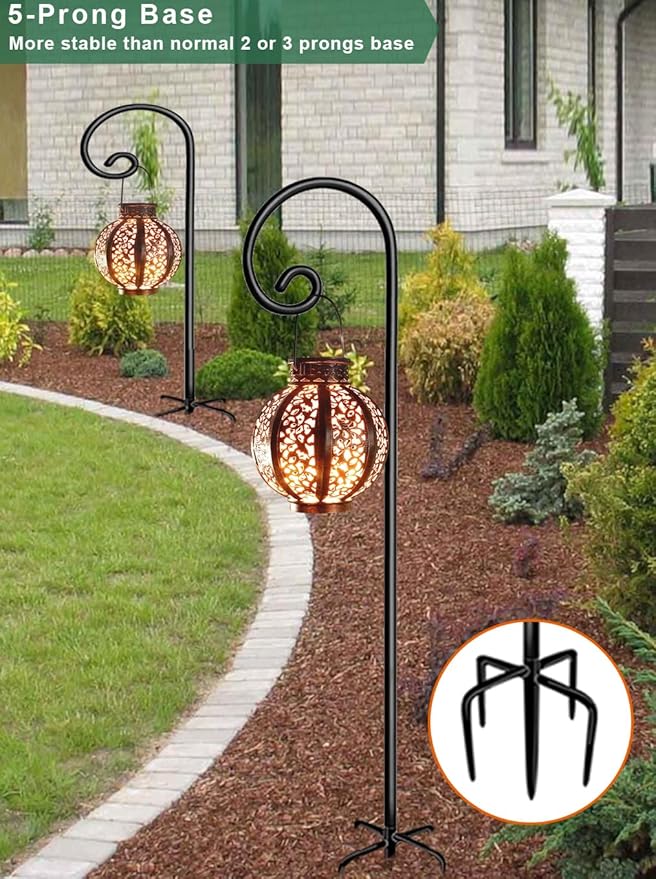 Koutemie 92 Inch Outdoor Shepherd Hook for Hanging Plant, Adjustable Heavy Duty Bird Feeder Pole with 5 Prong Base for Solar Lanterns, Black & 2 Packs