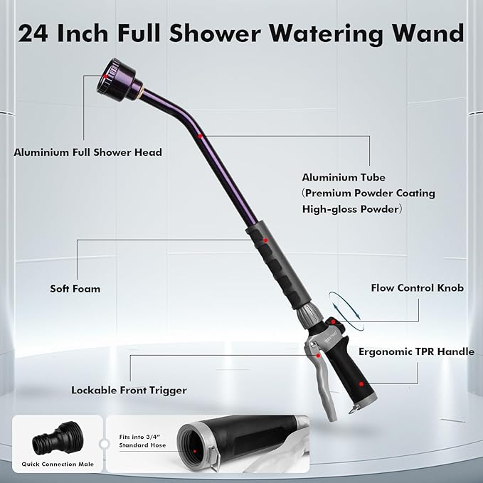 RESTMO Heavy Duty Full Metal Long Watering Wand, 24 Inches Gentle Soft Full Shower Sprayer Wand with Flow Control, Hose Wand for Hanging Baskets, Shrubs, Plants, Flowers, Garden and Lawn, Purple