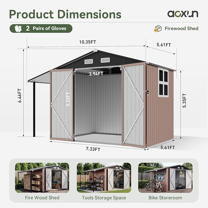 Aoxun 6x10 FT Outdoor Storage Shed Metal Lean to Sheds with Gazebo,Open Firewood Storage,Garden Shed with Lockable Doors,Sloped Roof,Windows, 2 in 1 Large Tool Shed for Patio, Backyard, Lawn