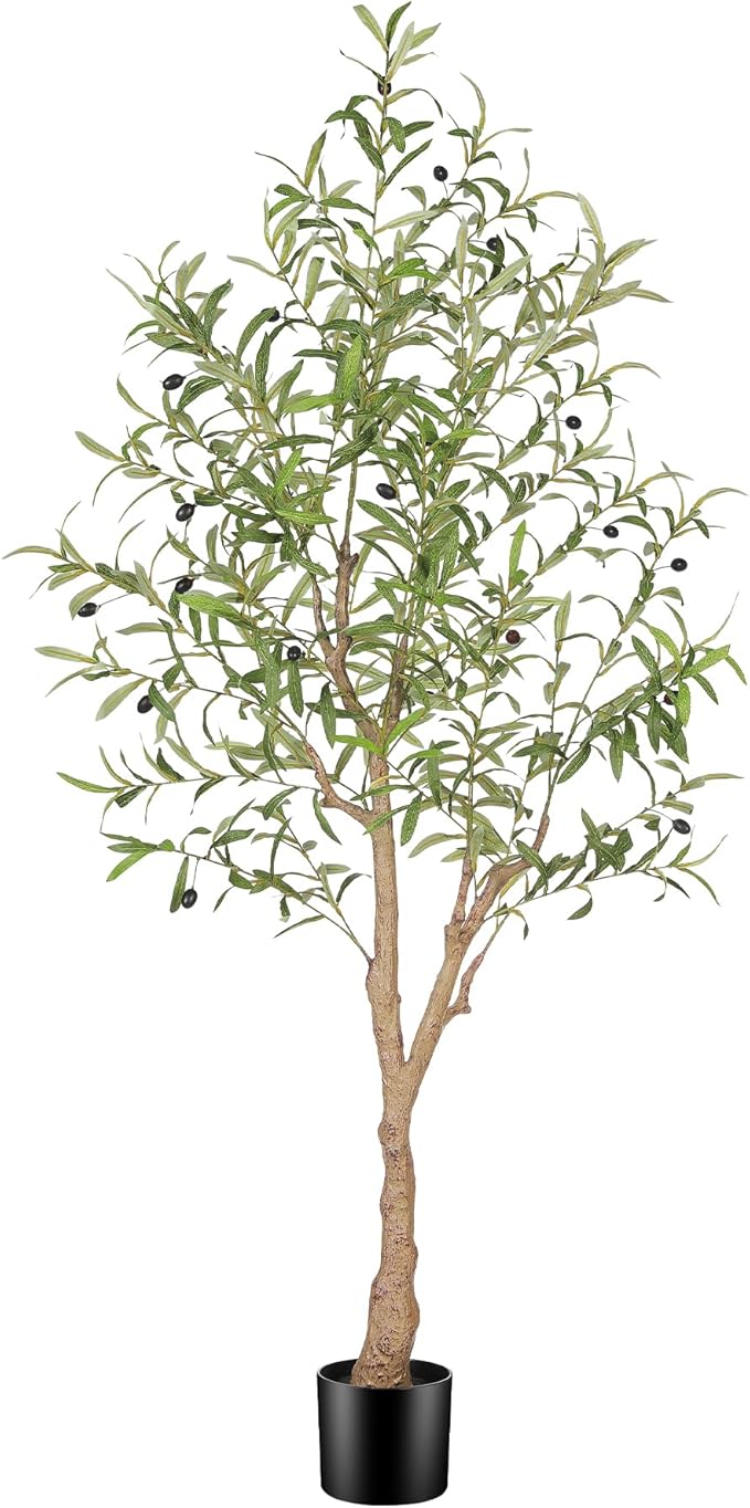5FT Artificial Olive Tree, Faux Olive Tree with Realistic Leaves and Natural Trunk, Potted Fake Olive Tree for Home, Living Room, Office Decor