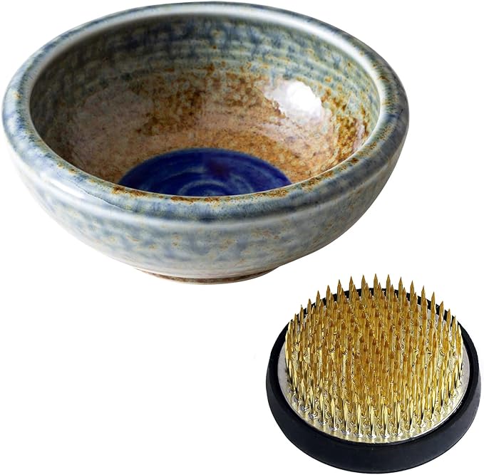 Wazakura Minoyaki Series Japanese Ikebana Essential Tool Kit with Small Round Ceramic Flower Vase and Kenzan Pin Frog for Floral Arranging - Brown & Blue Vase + 2in (61mm) Brass Kenzan