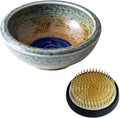 Wazakura Minoyaki Series Japanese Ikebana Essential Tool Kit with Small Round Ceramic Flower Vase and Kenzan Pin Frog for Floral Arranging - Brown & Blue Vase + 2in (61mm) Brass Kenzan
