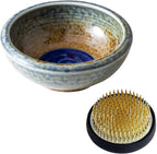 Wazakura Minoyaki Series Japanese Ikebana Essential Tool Kit with Small Round Ceramic Flower Vase and Kenzan Pin Frog for Floral Arranging - Brown & Blue Vase + 2in (61mm) Brass Kenzan