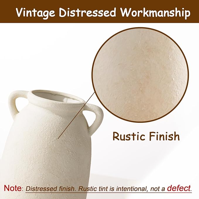 Dobbyby Ceramic Flower Vase 12 inch Farmhouse Rustic Vase Decorative Pottery Terracotta Tall Vases for Home Decor Table Mantle Fireplace Living Room Bathroom Wedding Centerpiece(Large-White)