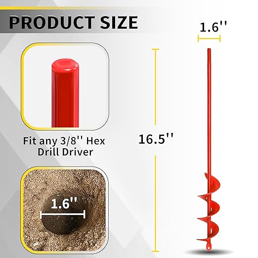 SYITCUN Auger Drill Bit for Planting - 1.6"X16.5" Heavy-Duty Garden Auger Spiral Drill Bit - Bulb Planter Tool - 3/8" Hex Drive Drill