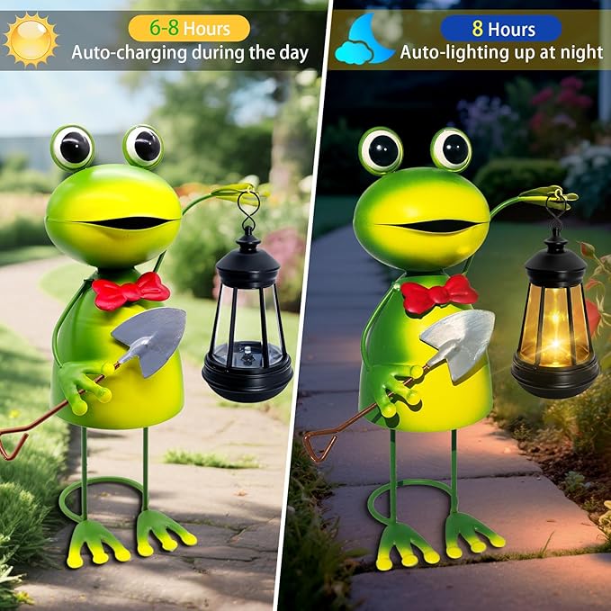 Solar Garden Lights Frog Statue with Solar Lantern,13.78in Tall Frog Decor Fairy Accessories,Mothers Day Birthday Gifts for Women Mom Grandma,Big Metal Decorative Stakes for Home Decor,Patio,Yard Art