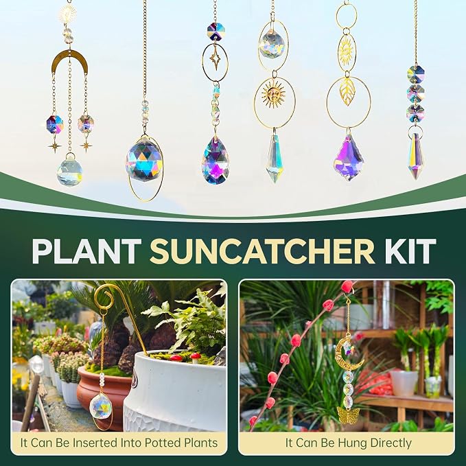 Sun Catcher Plant Hanger for Potted Plants Indoor, 6.7inch Metal Plant Trellis with Crystal Suncatcher for Garden Home Window